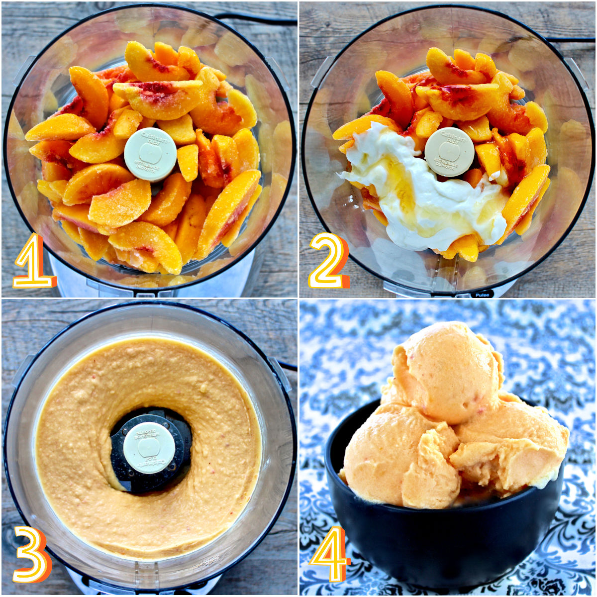 Gallery of steps 1-4 how to make healthy peach frozen yogurt.