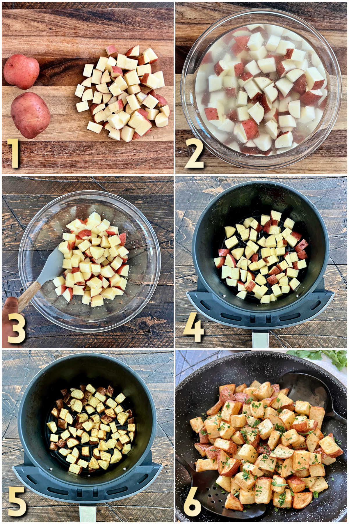 Collage of steps 1-6 how to make air fryer diced potatoes. 
