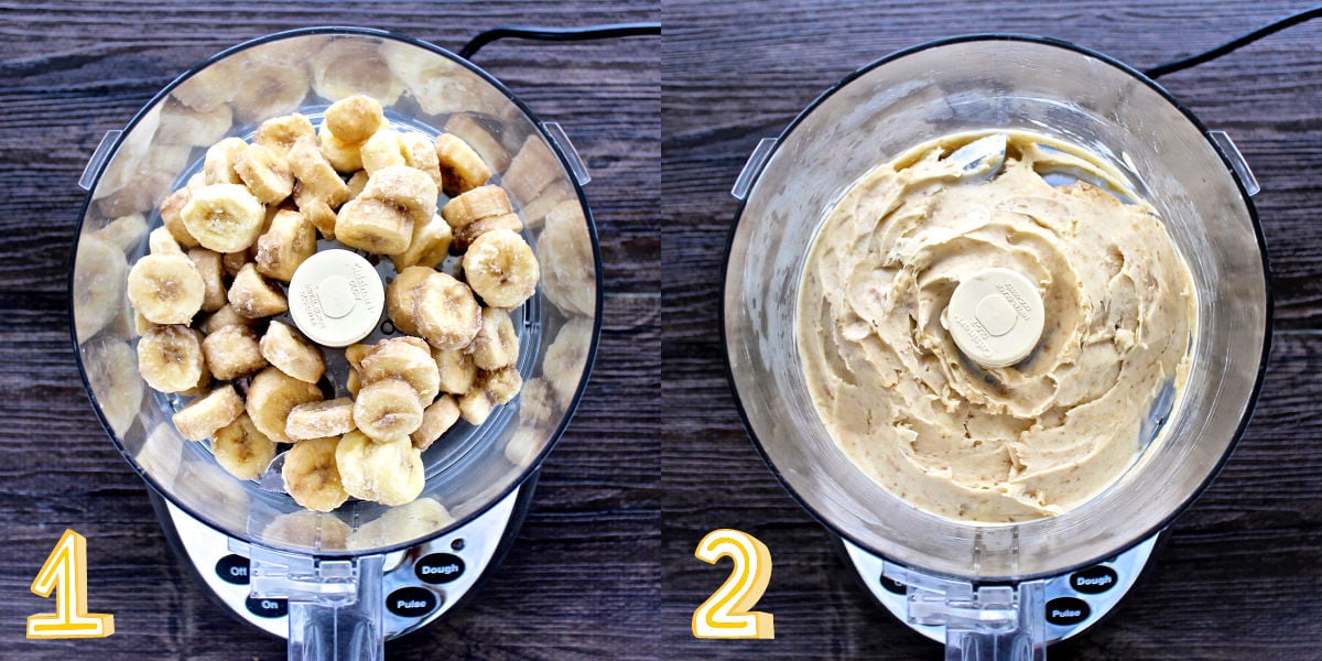 Collage of steps 1 and 2 for how to make one-ingredient banana ice cream.