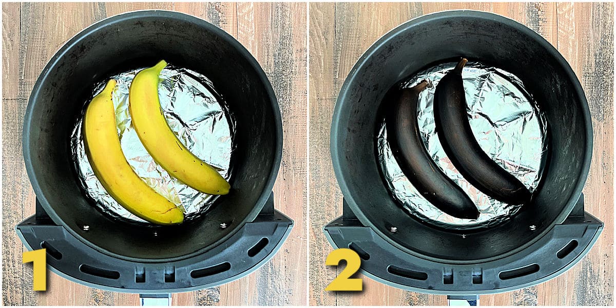 Collage of steps 1-2 how to ripen bananas in the air fryer.