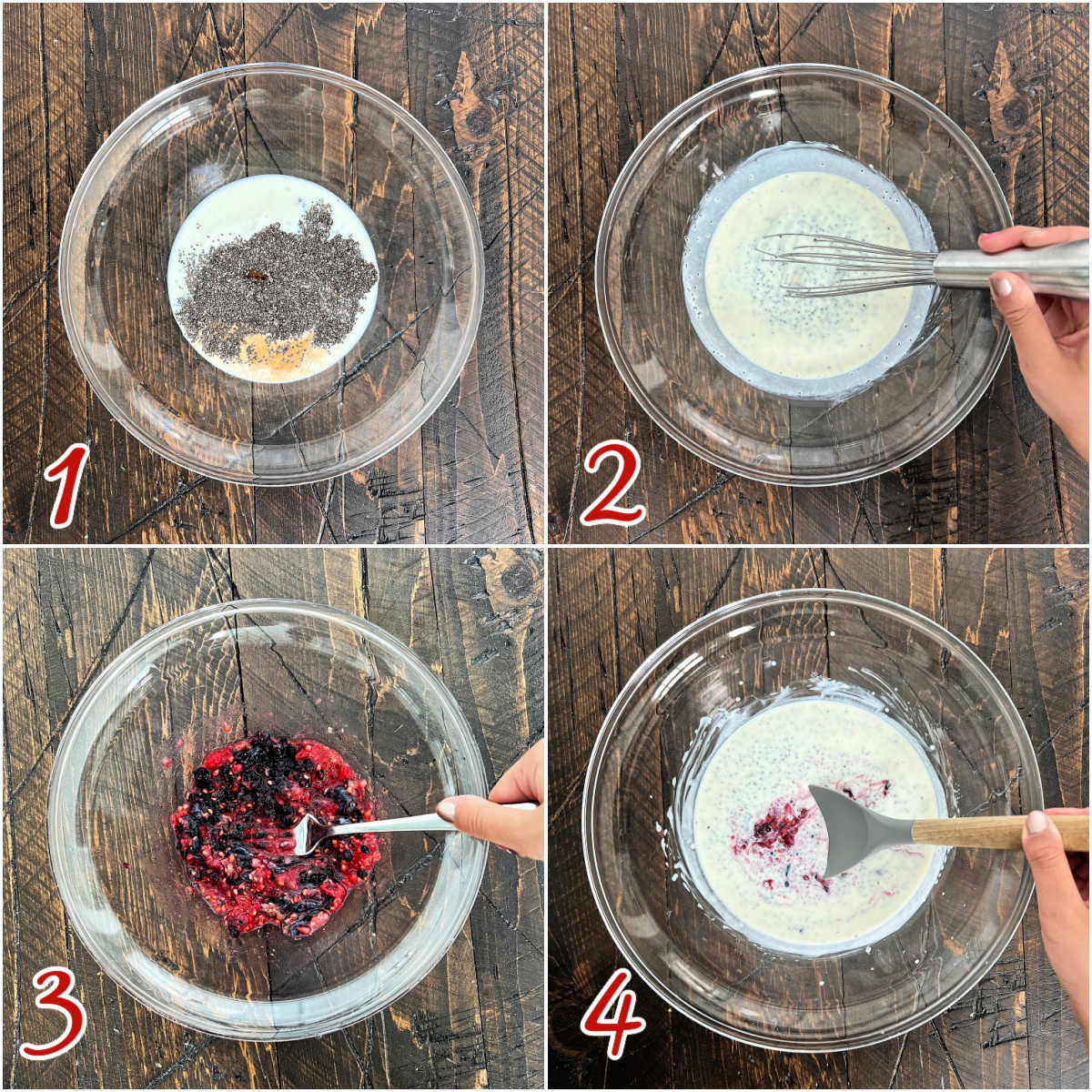 Collage of steps 1-4 how to make berry chia pudding.
