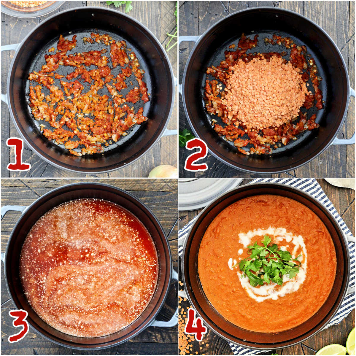 Collage of step 1-4 how to make coconut curry lentil soup.