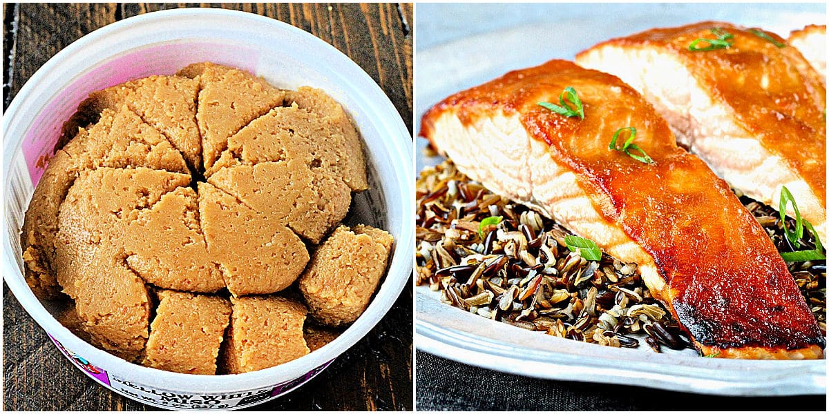 Collage with miso paste and miso glazed salmon.