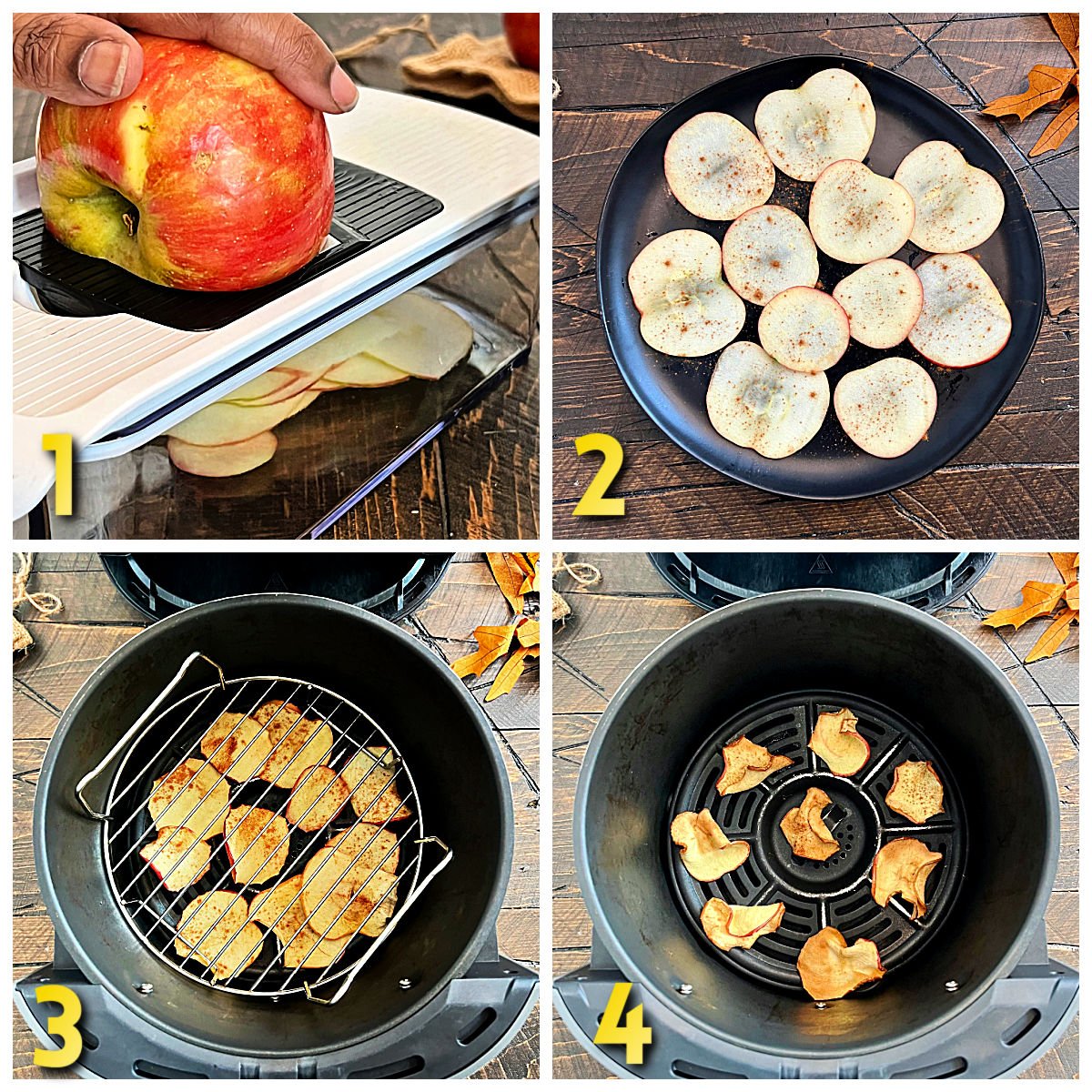 Collage of steps 1-4 how to make air fryer apple chips.