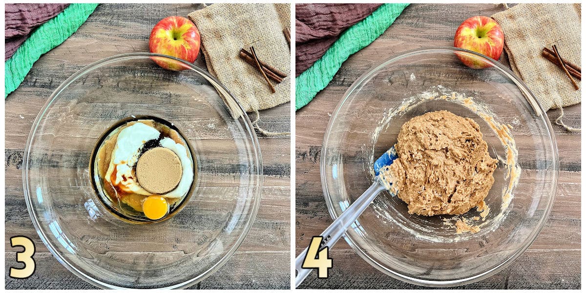 Steps 3 and 4 of how to make spiced apple muffins.