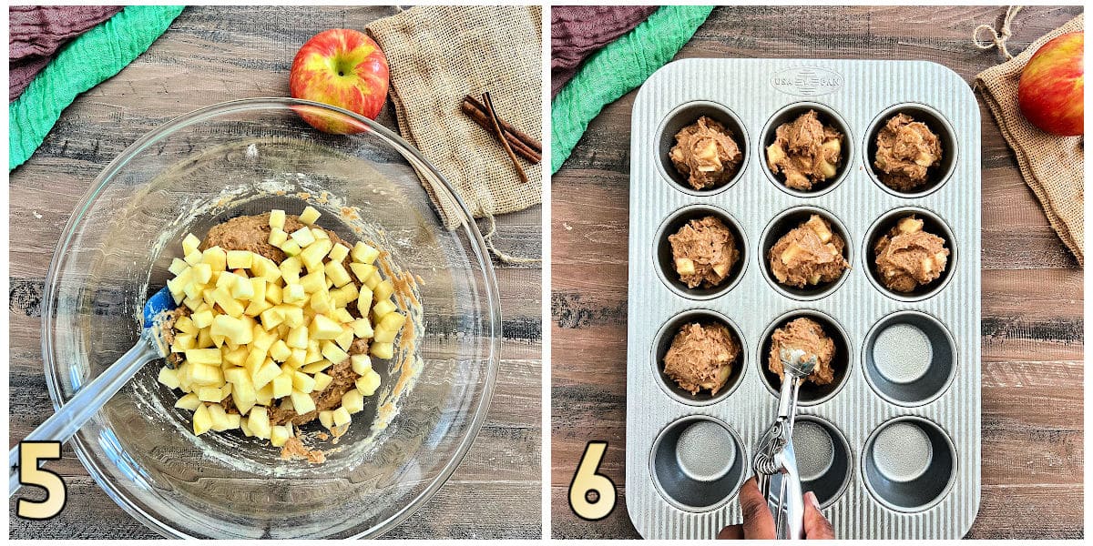 Steps 5 and 6 of how to make spiced apple muffins.