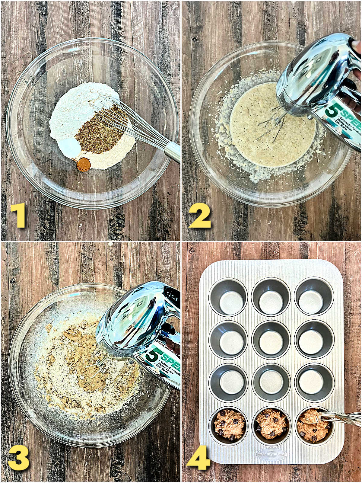collage of steps 1-4 banana chocolate chip muffins.