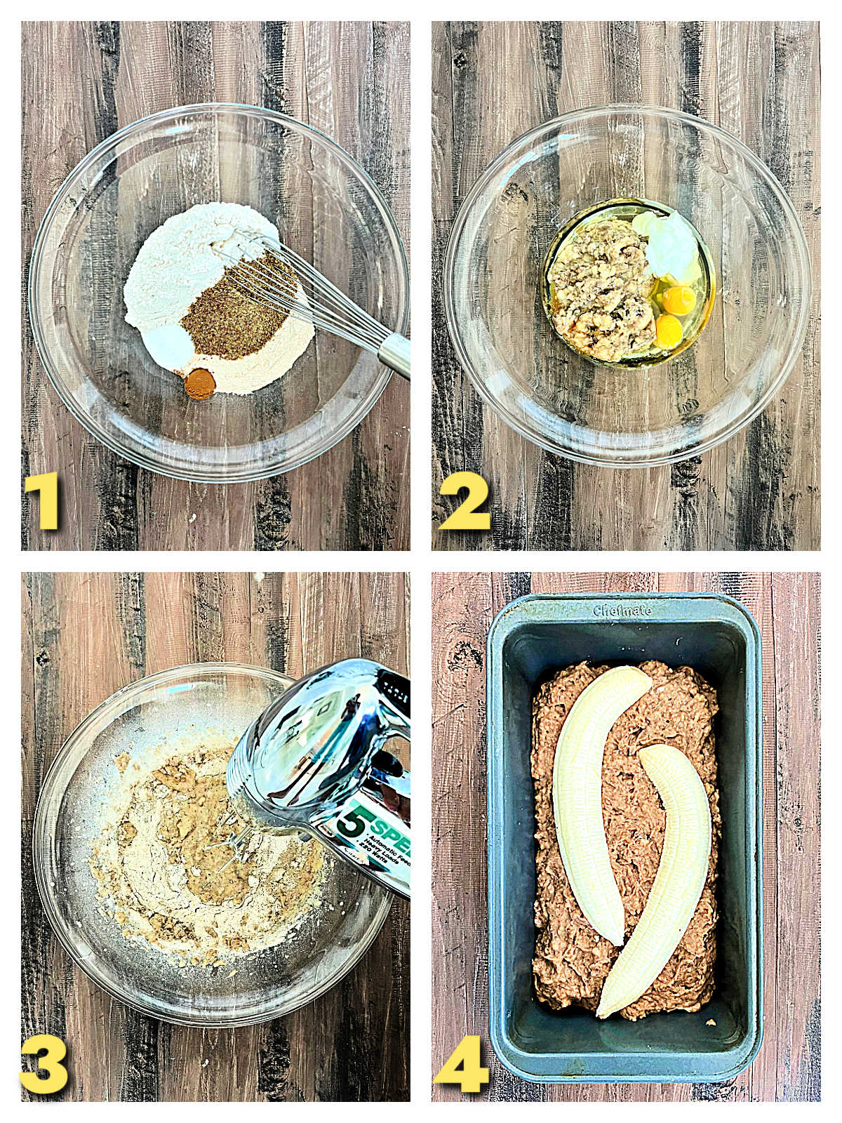 Collage of steps 1-4 for banana flaxseed bread.