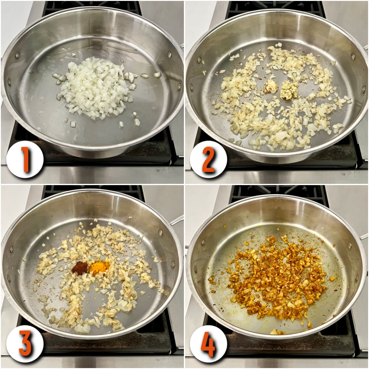 Collage of steps 1-4 how to make chickpea spinach curry.