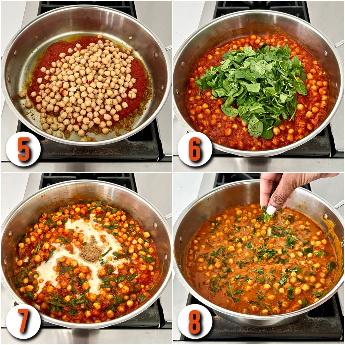 Collage of steps 5-8 how to make chickpea spinach curry.