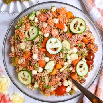 Halloween pasta salad in a white bowl.