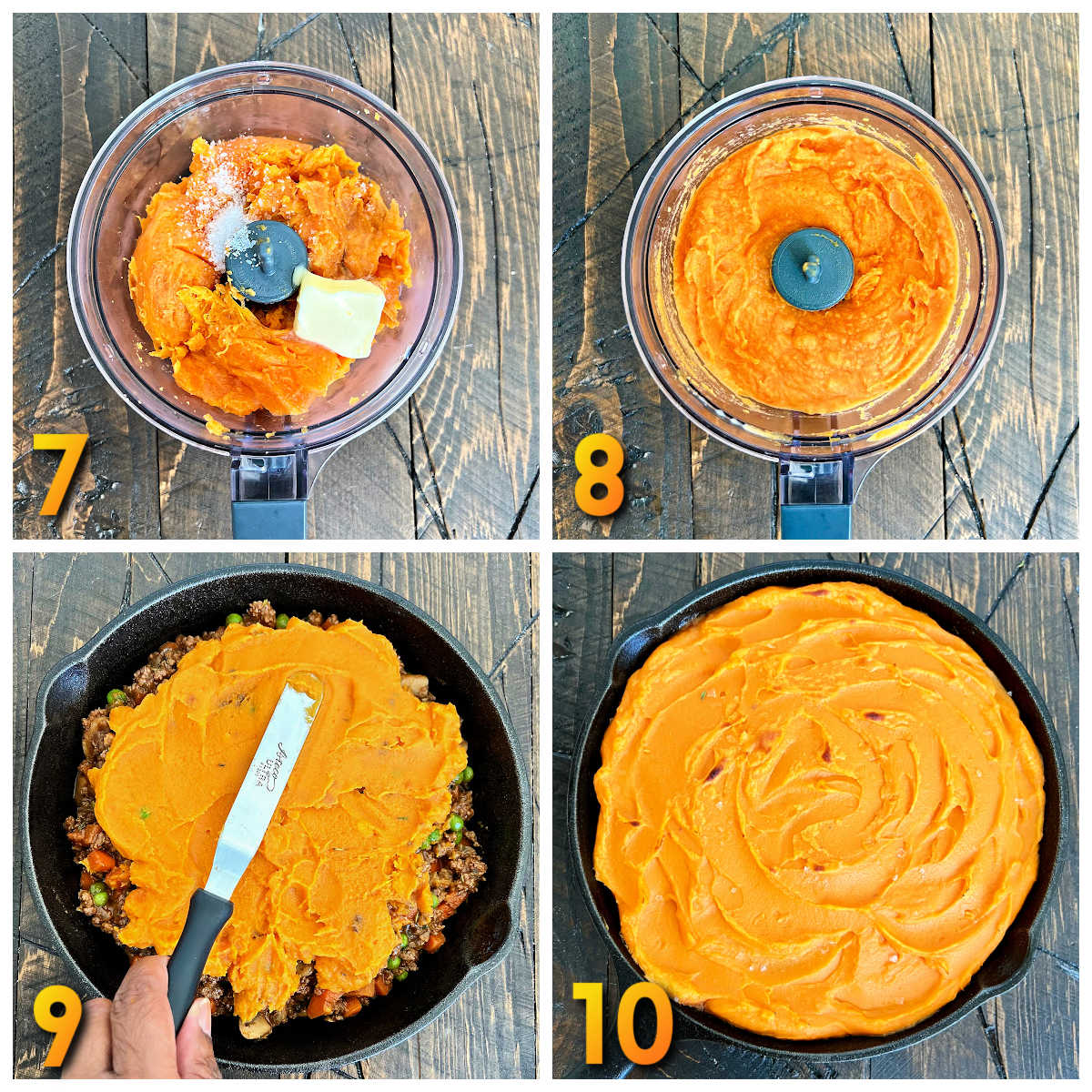 Steps 7 through 10 for making sweet potato shepherd's pie.