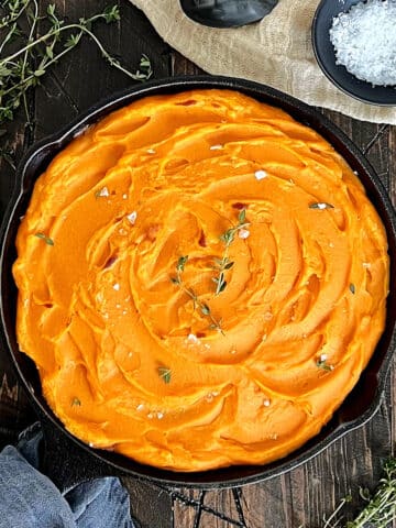 Overhead of sweet potato shepherd's pie in cast iron skillet.