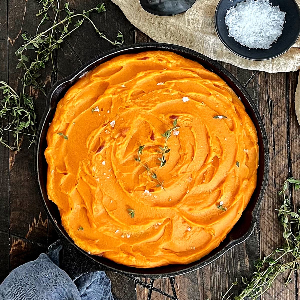 Overhead of sweet potato shepherd's pie in cast iron skillet.