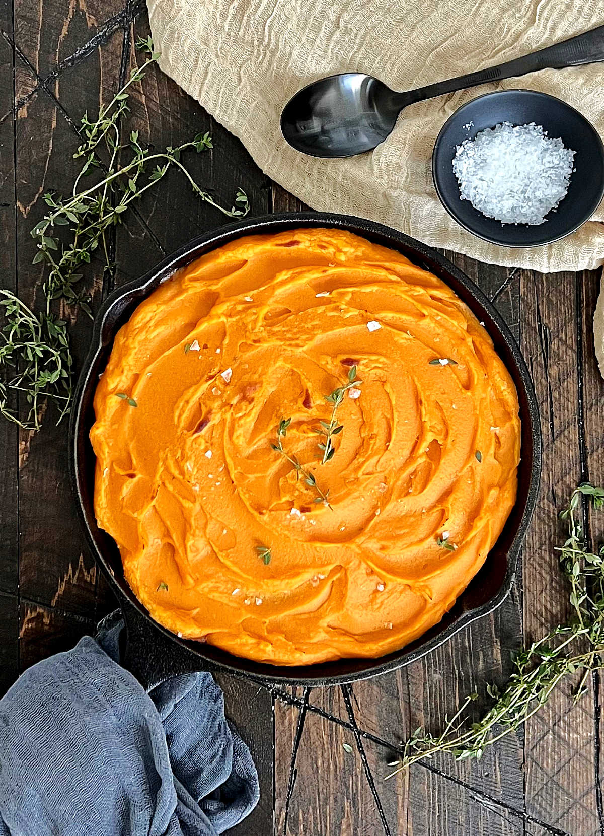 Overhead of sweet potato shepherd's pie in cast iron skillet.