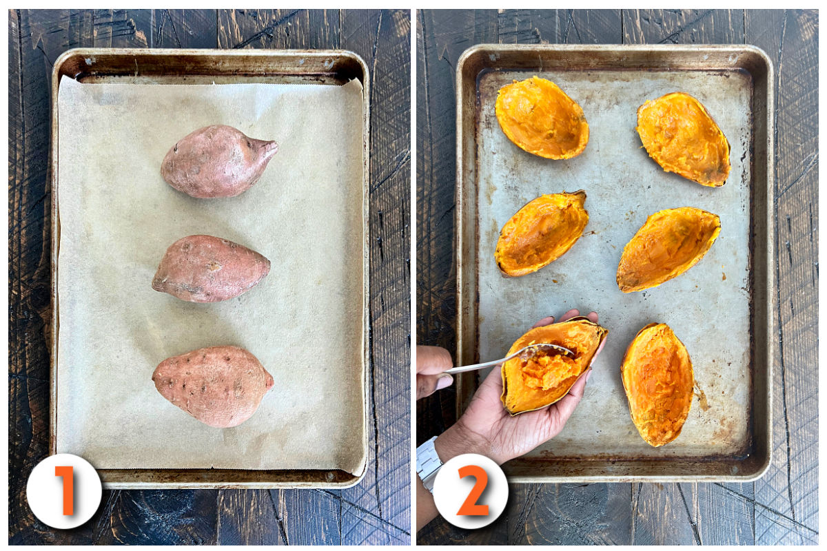 Steps 1 and 2 for twice-baked sweet potatoes.