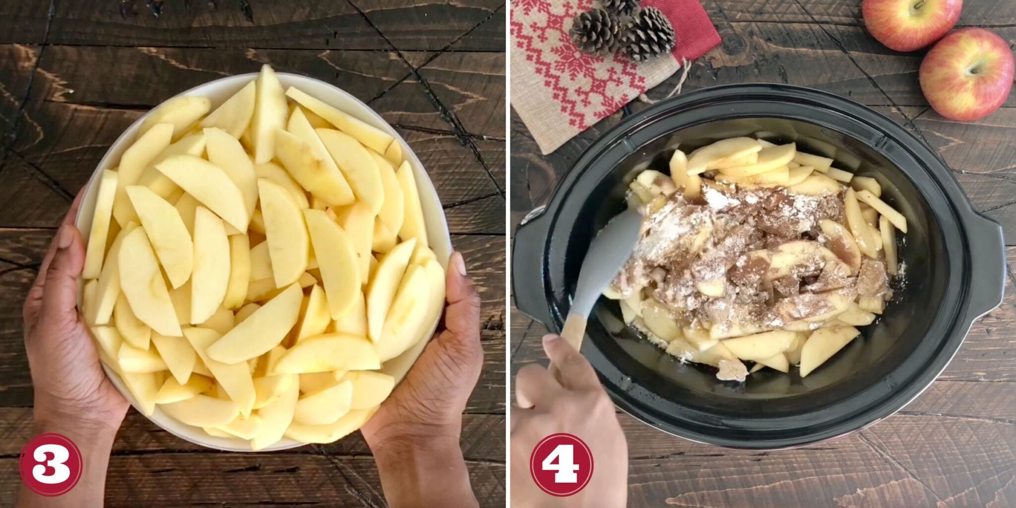 Steps 3 and 4 how to make slow cooker apple crisp.
