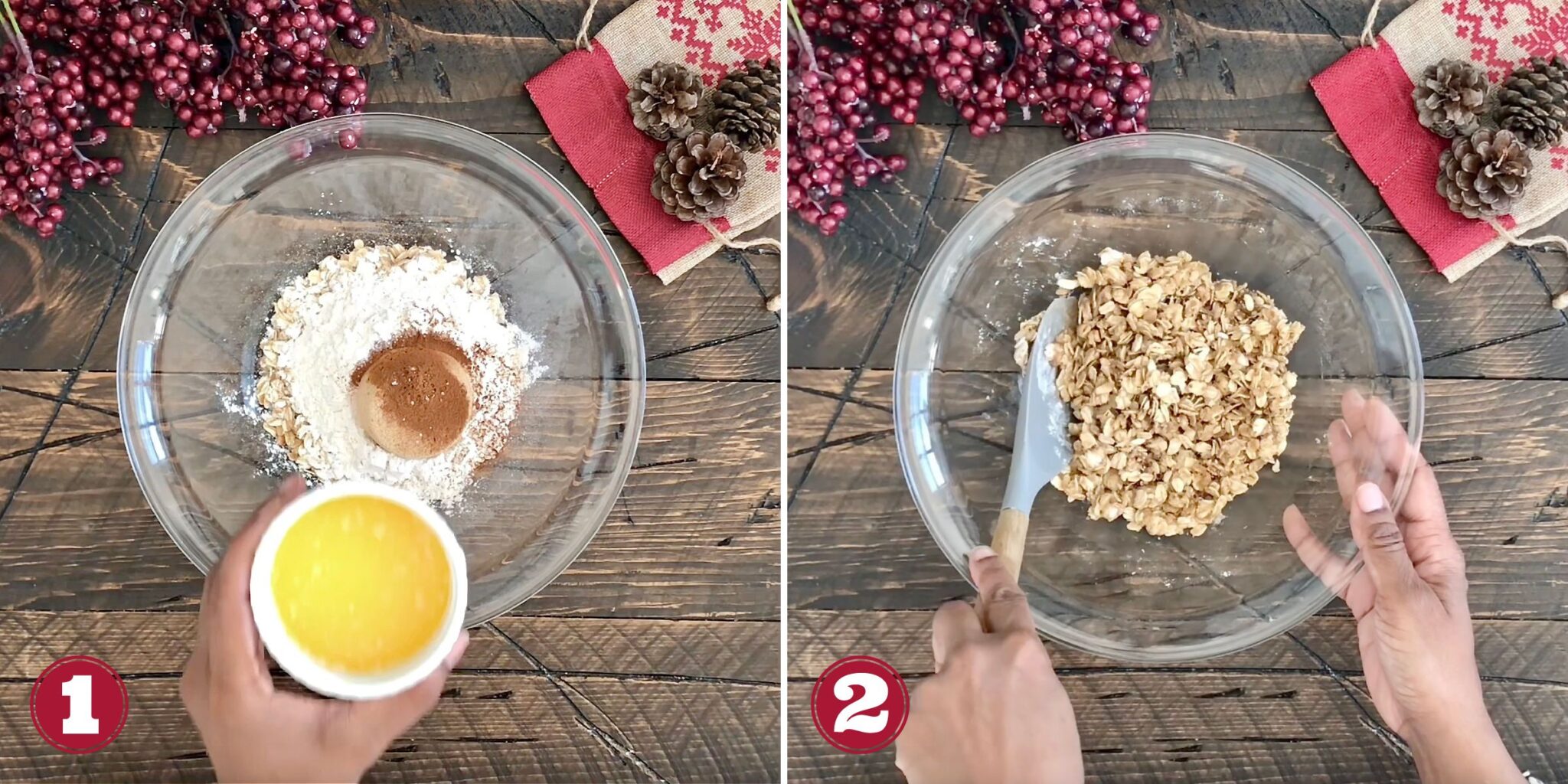 Steps 1 and 2 how to make slow cooker apple crisp.