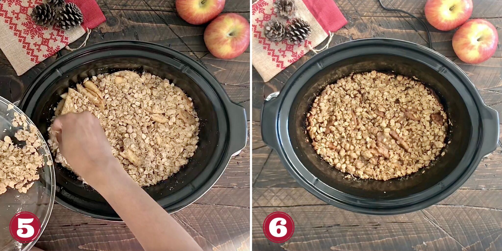 Steps 5 and 6 how to make slow cooker apple crisp.