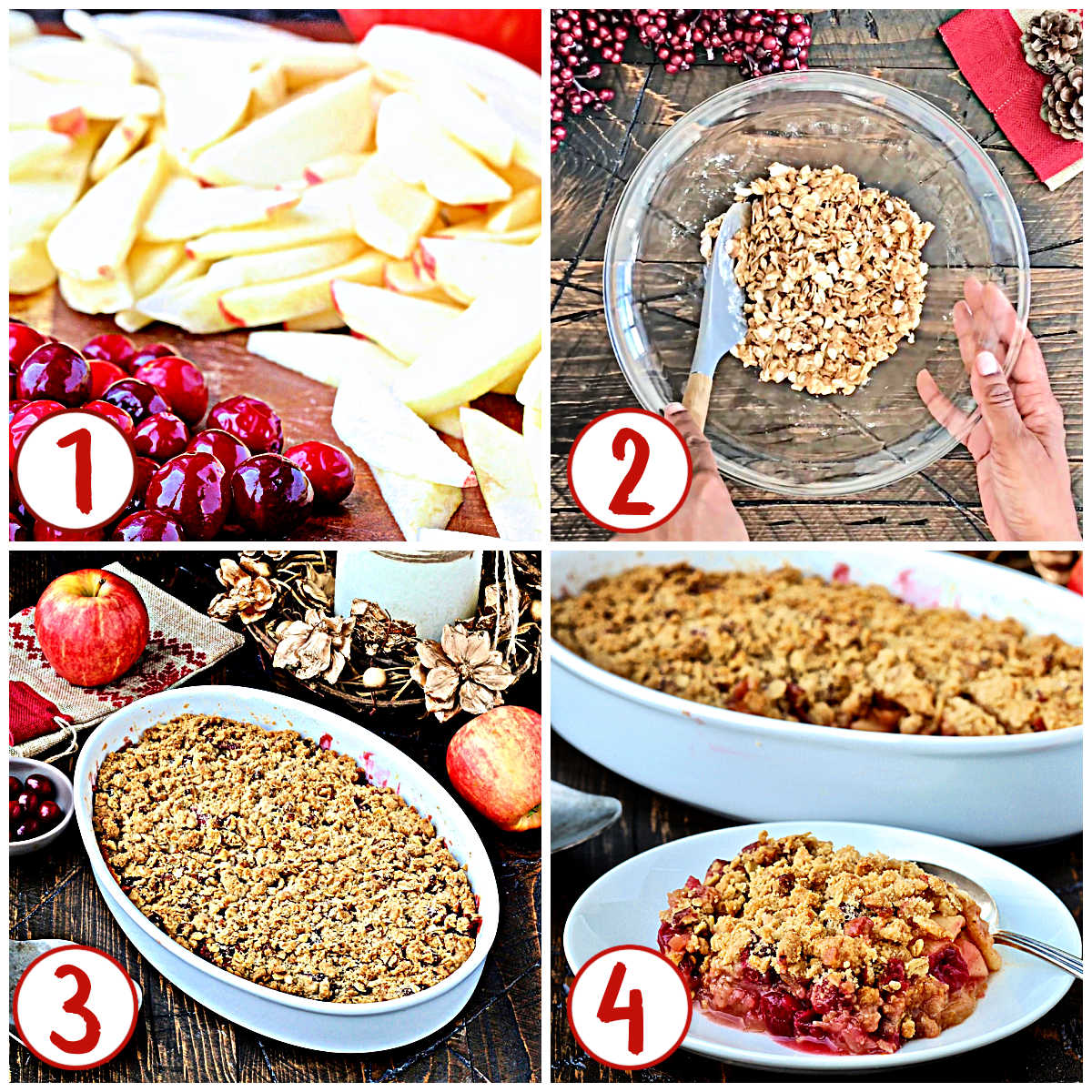 Collage of steps 1-4 how to make apple cranberry crisp.