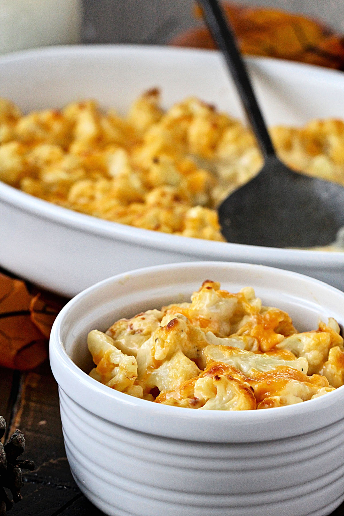 Cauliflower mac and cheese in a ramekin.