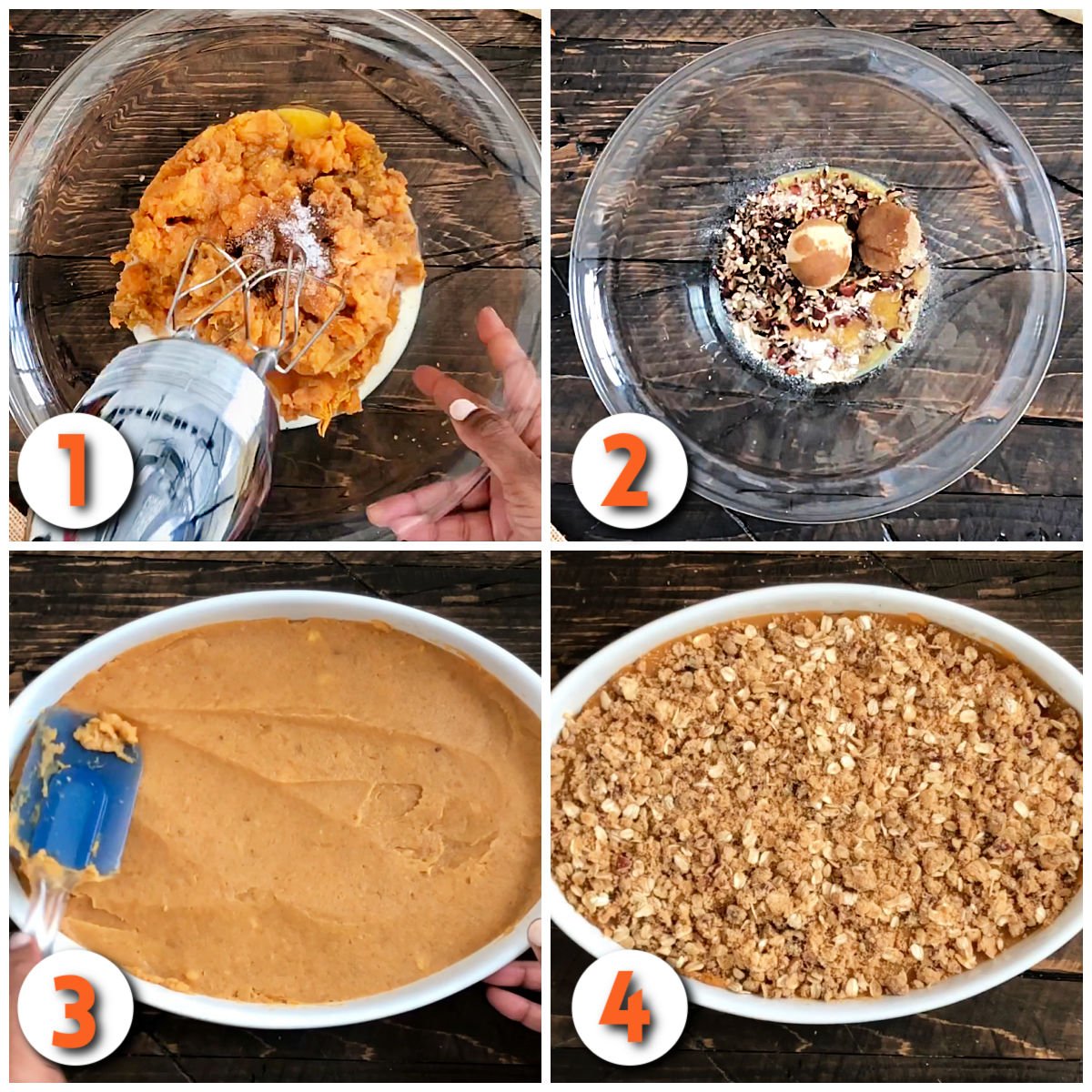 Collage of steps 1-4 how to make sweet potato casserole.