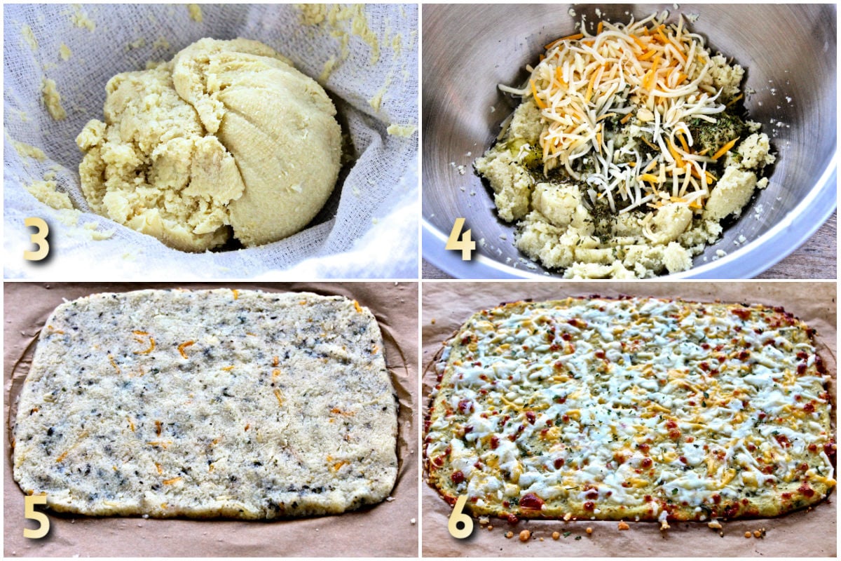 Steps 3-6 how to make cheesy cauliflower bread.