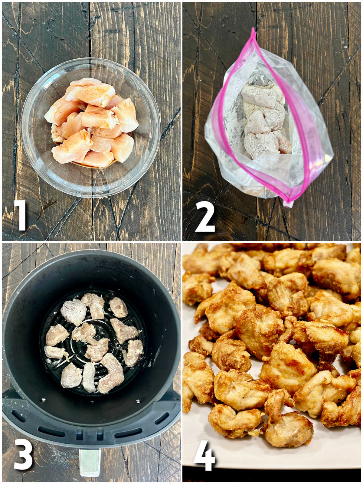 Steps 1-4 how to make air fryer general tso's chicken.