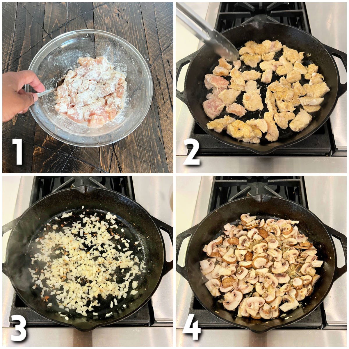 Steps 1-4 how to make creamy paprika chicken.