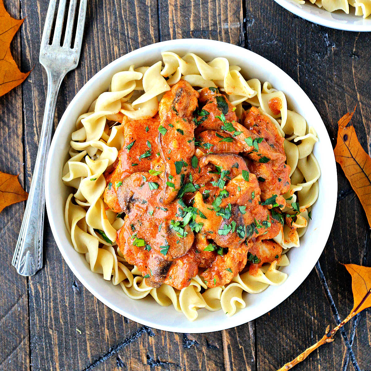 Overhead of Paprika Chicken in a white bowl