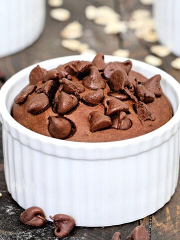Chocolate Baked Oats in a white ramekin