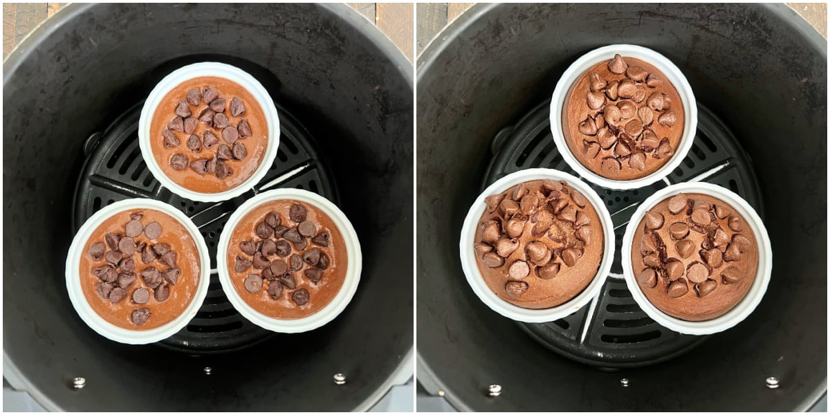 Chocolate Baked Oats in white ramekins before and after being cooked in the air fryer