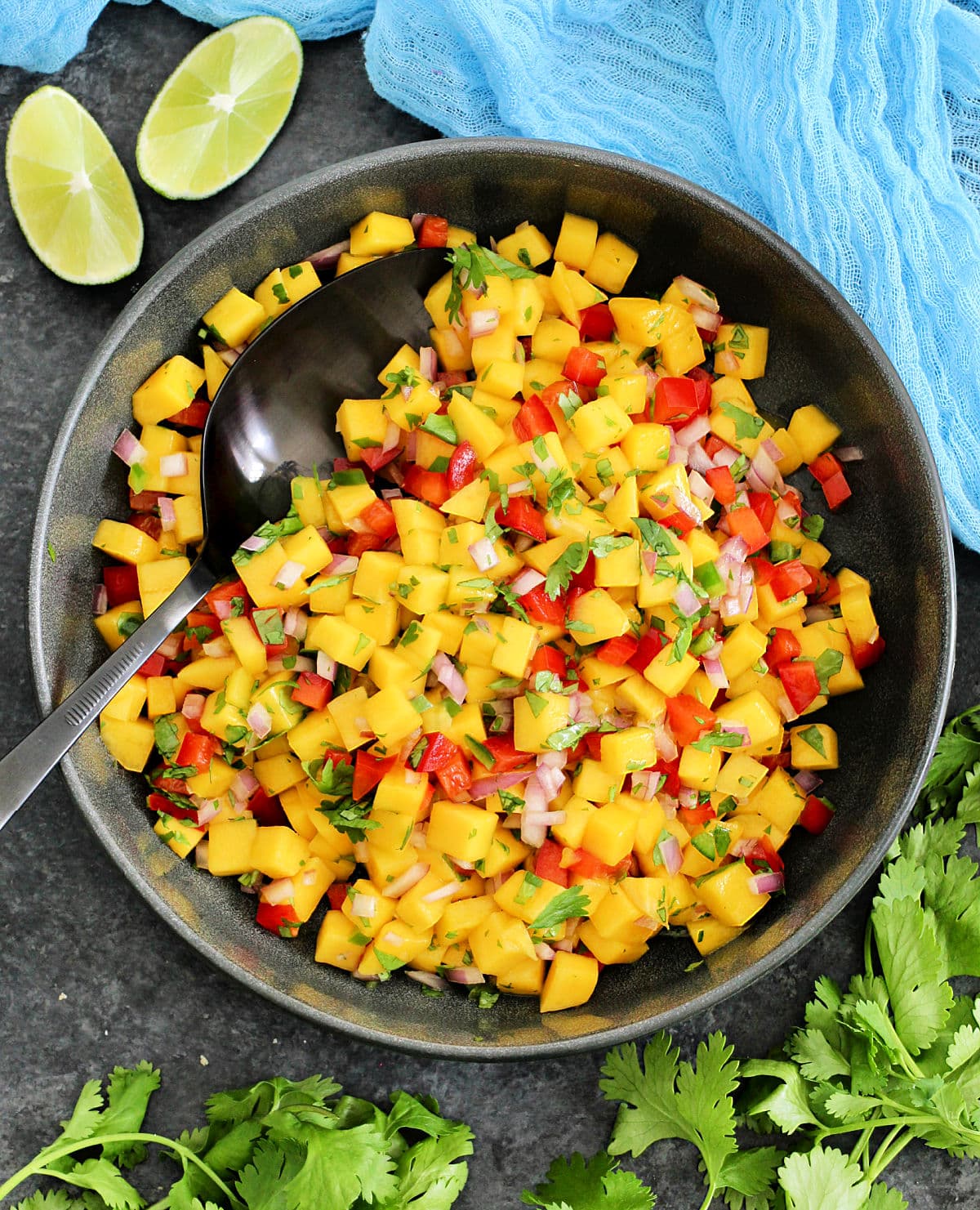 Mango salsa in a black bowl.