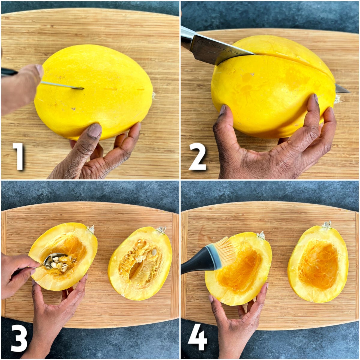 Steps for making air fryer spaghetti squash.