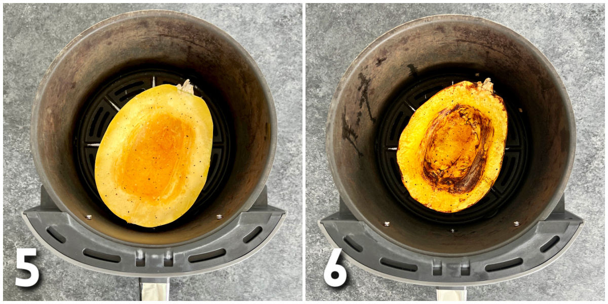 Steps for making air fryer spaghetti squash.