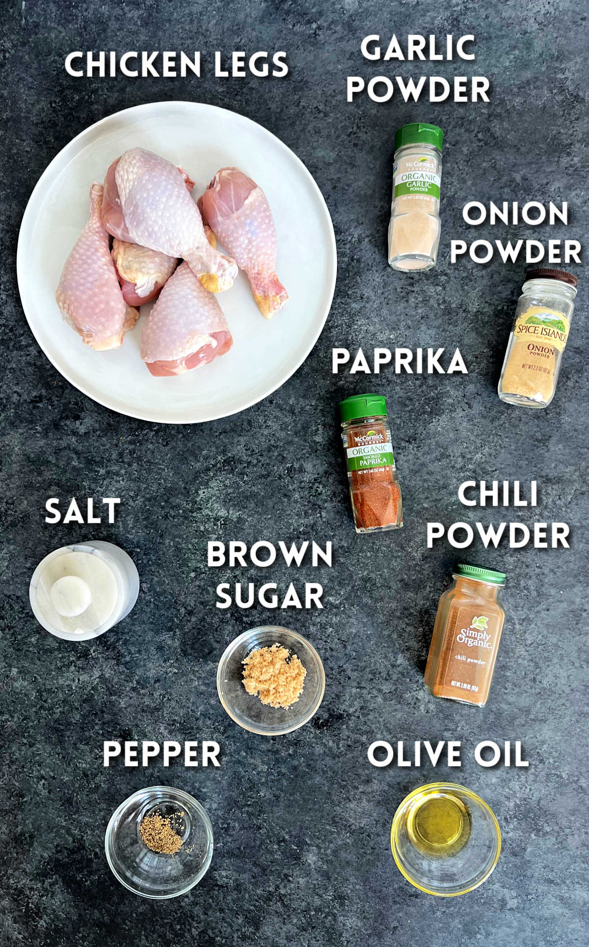 Ingredients for air fryer chicken legs.