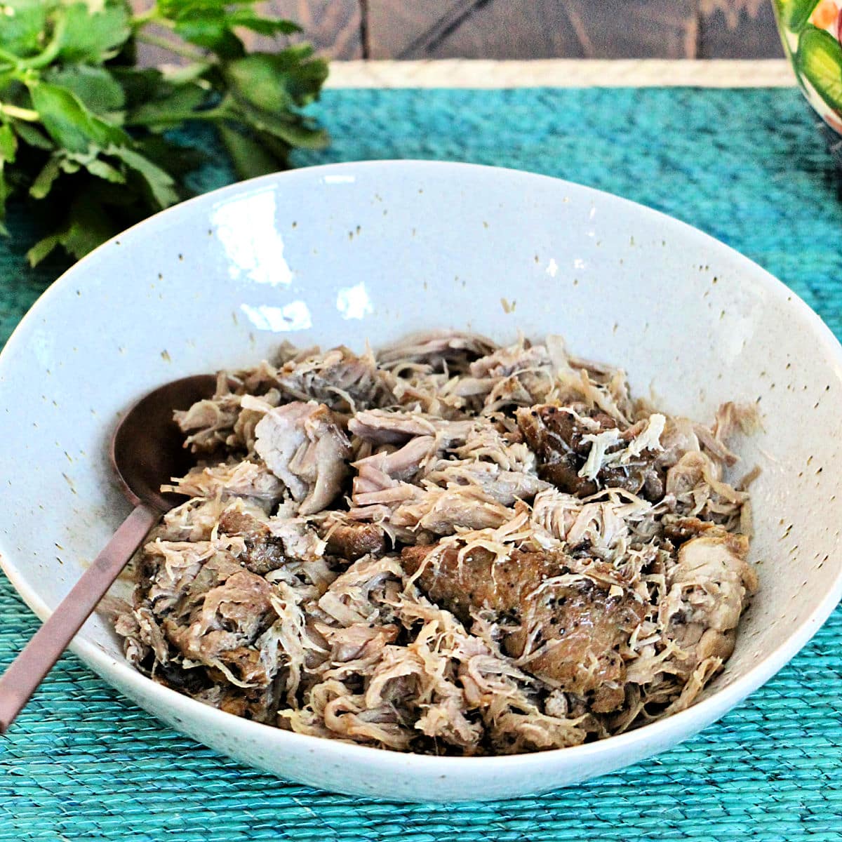 Shredded carnitas in a bowl.