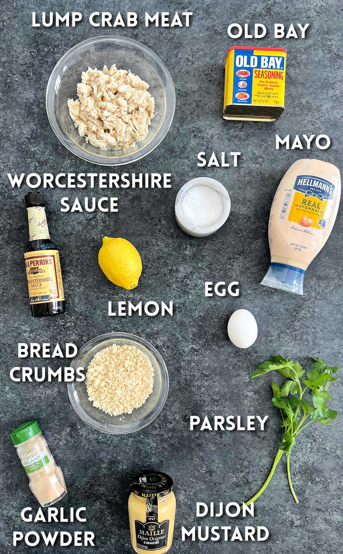 Ingredients for making Maryland-style Old Bay crab cakes.
