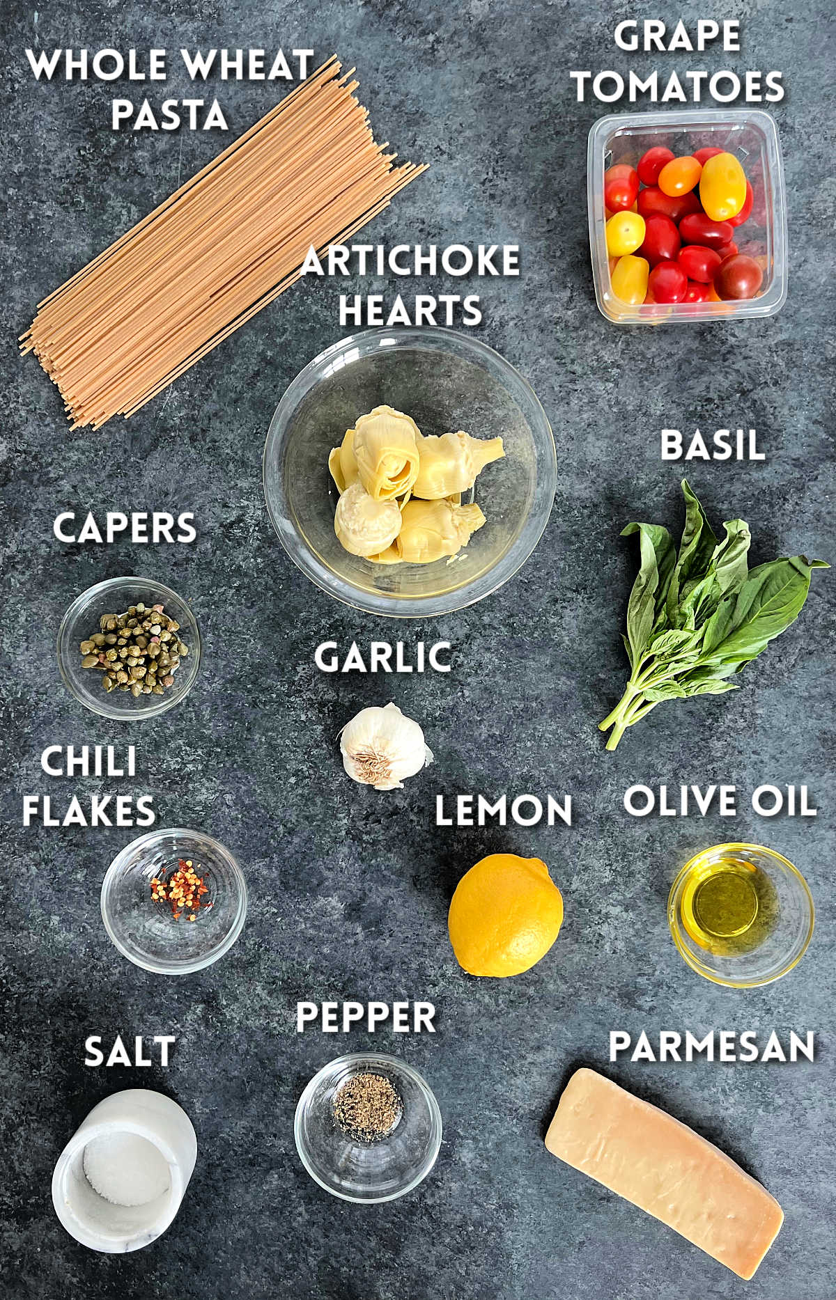 Ingredients for making Mediterranean pasta.