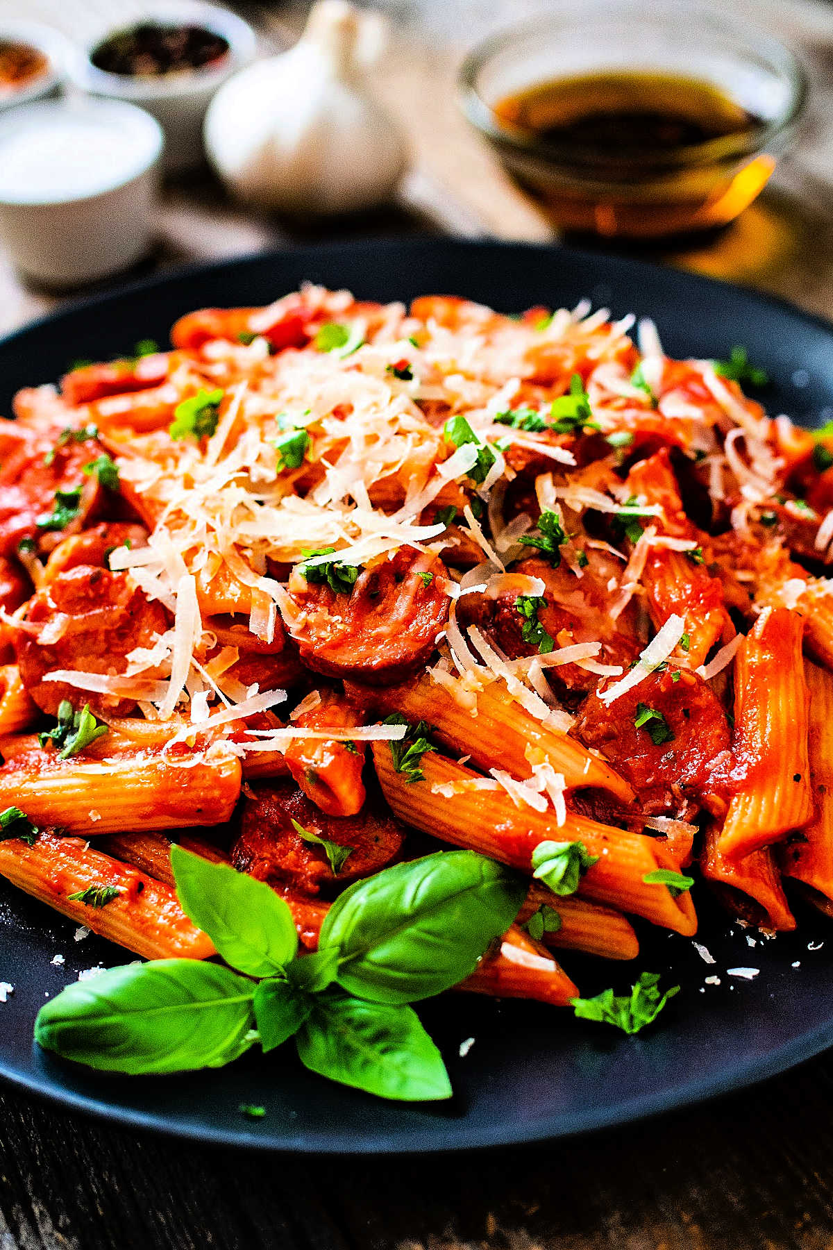 Penne with tomato sauce on a black plate garnished with parmesan cheese.