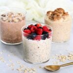 3 cups of protein overnight oats with different toppings.