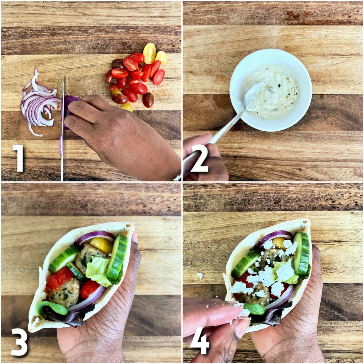 Steps for making Greek pita sandwiches.