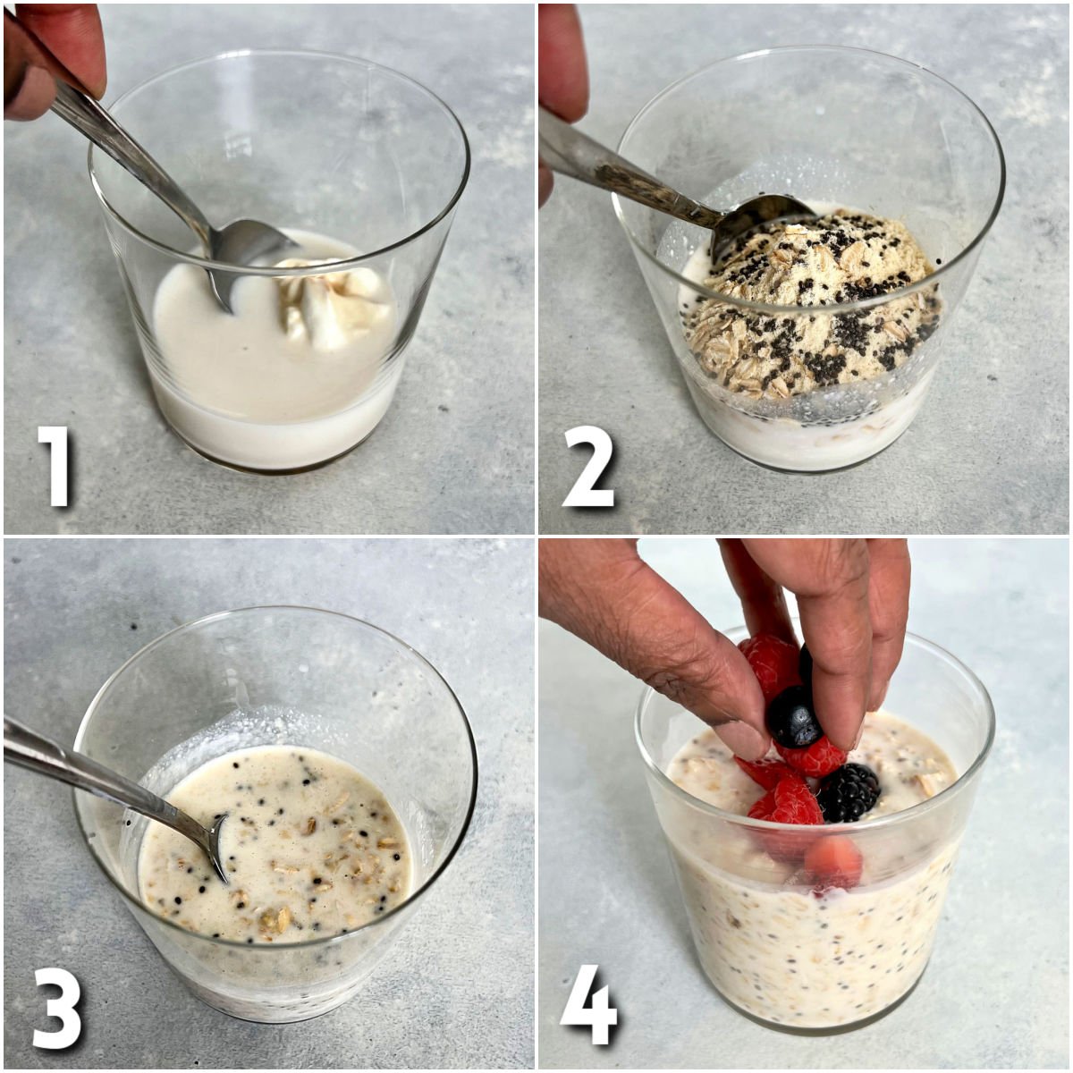 Steps 1-4 how to make overnight oats.