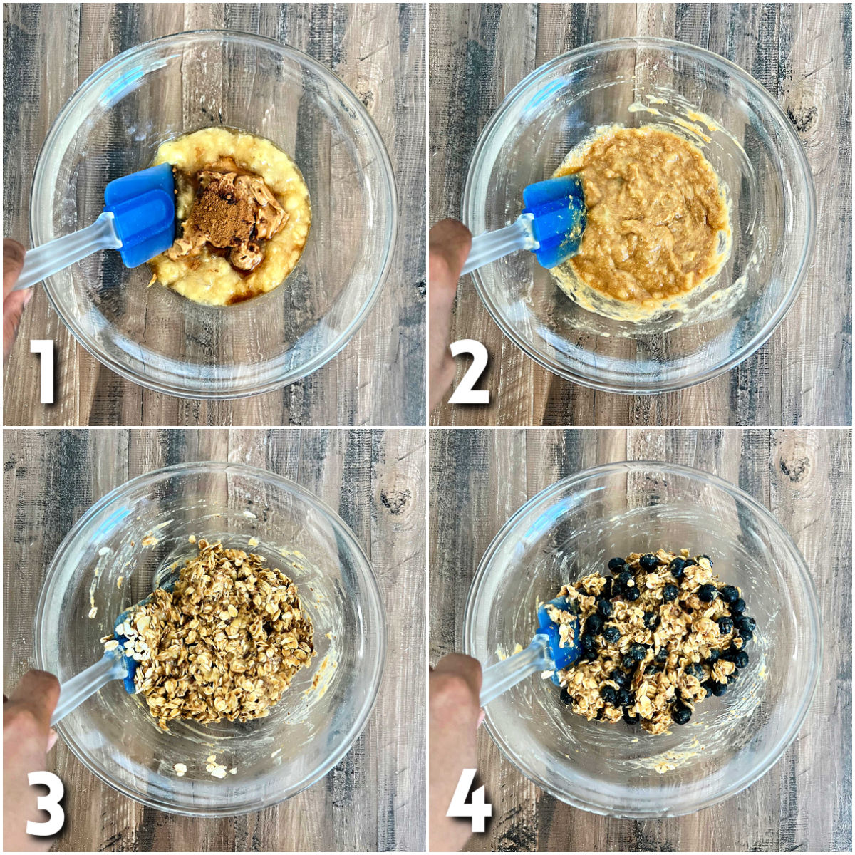 First group of steps for making blueberry oatmeal cookies.