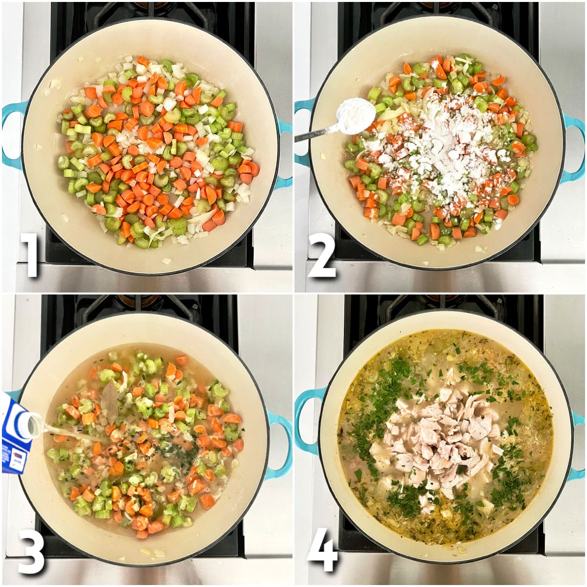 Steps 1-4 for making Chicken and Dumplings