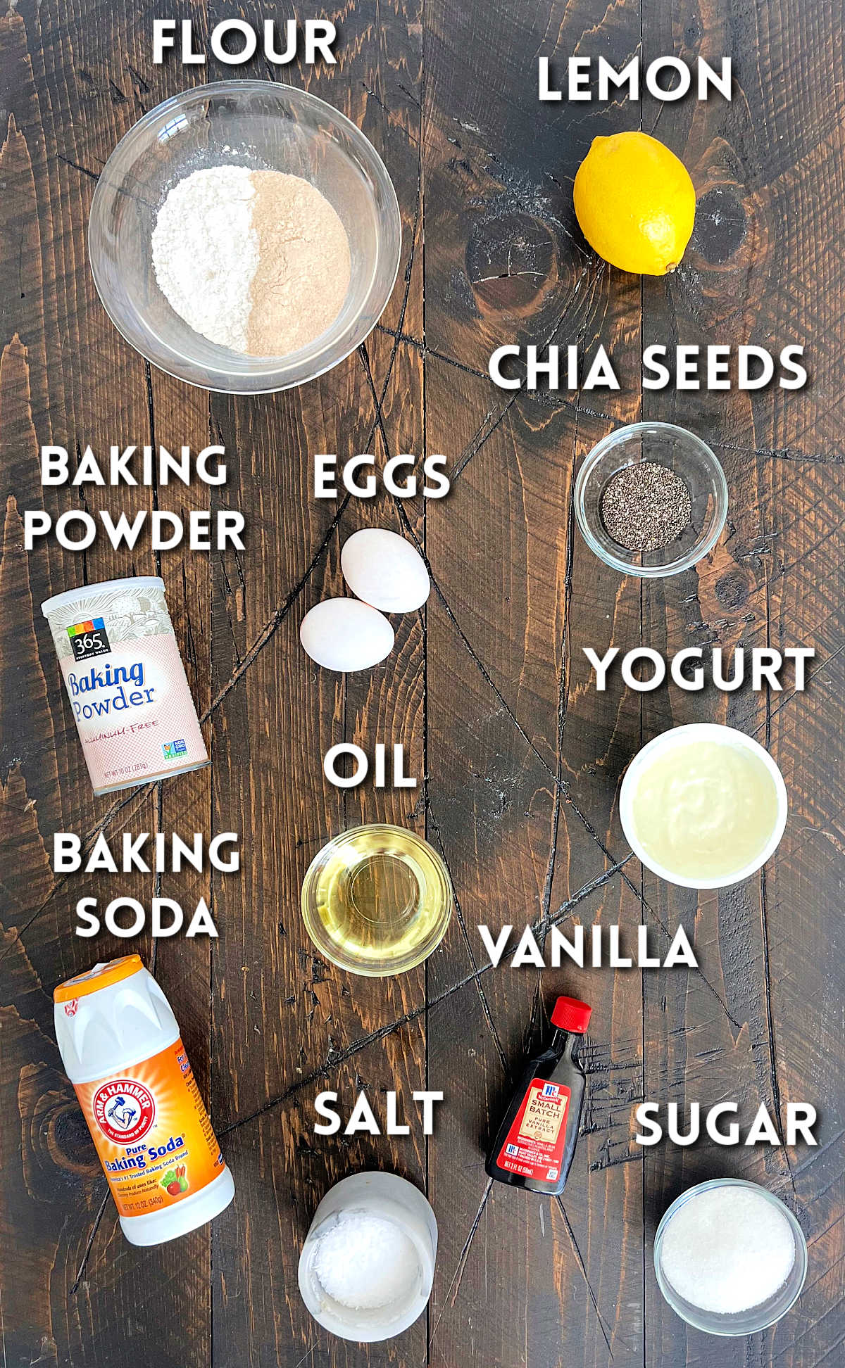 Ingredients for making lemon chia seed muffins