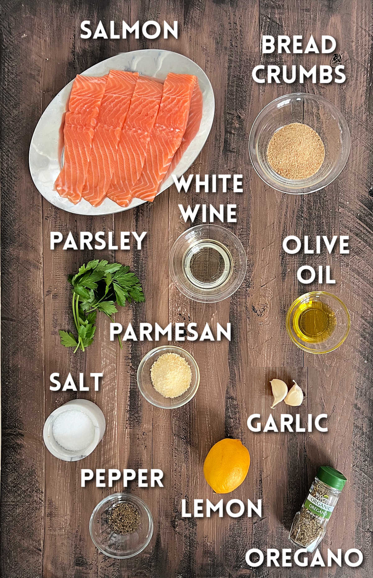 Ingredients for making salmon oreganata.