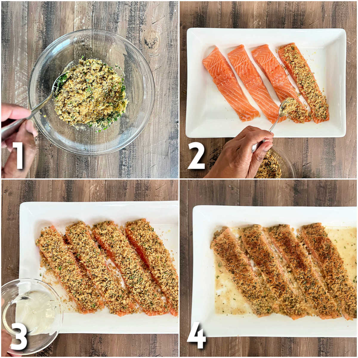 Steps for making salmon oreganata.