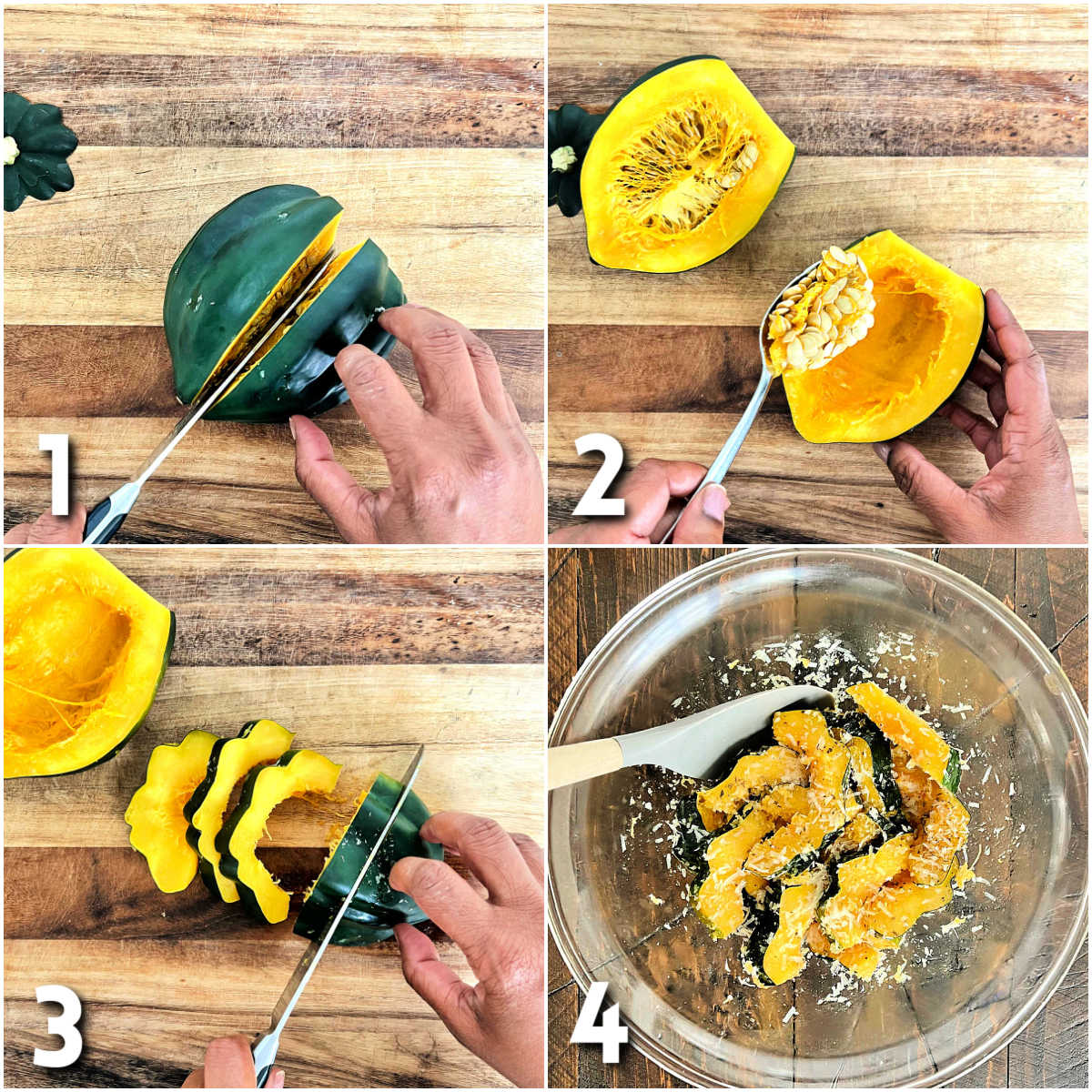 Steps 1-4 for making Air Fryer Acorn Squash.