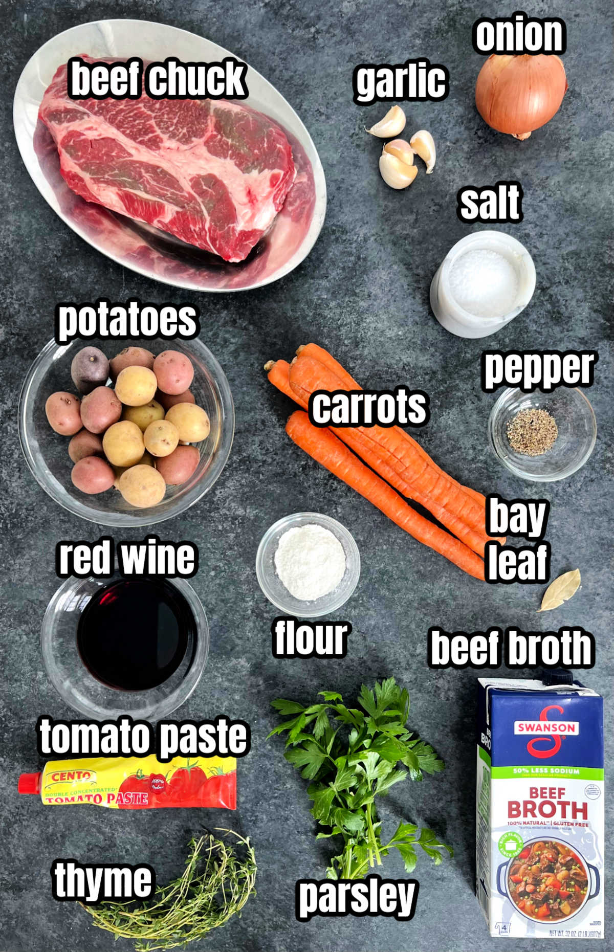 Ingredients for making Classic Dutch Oven Beef Stew.